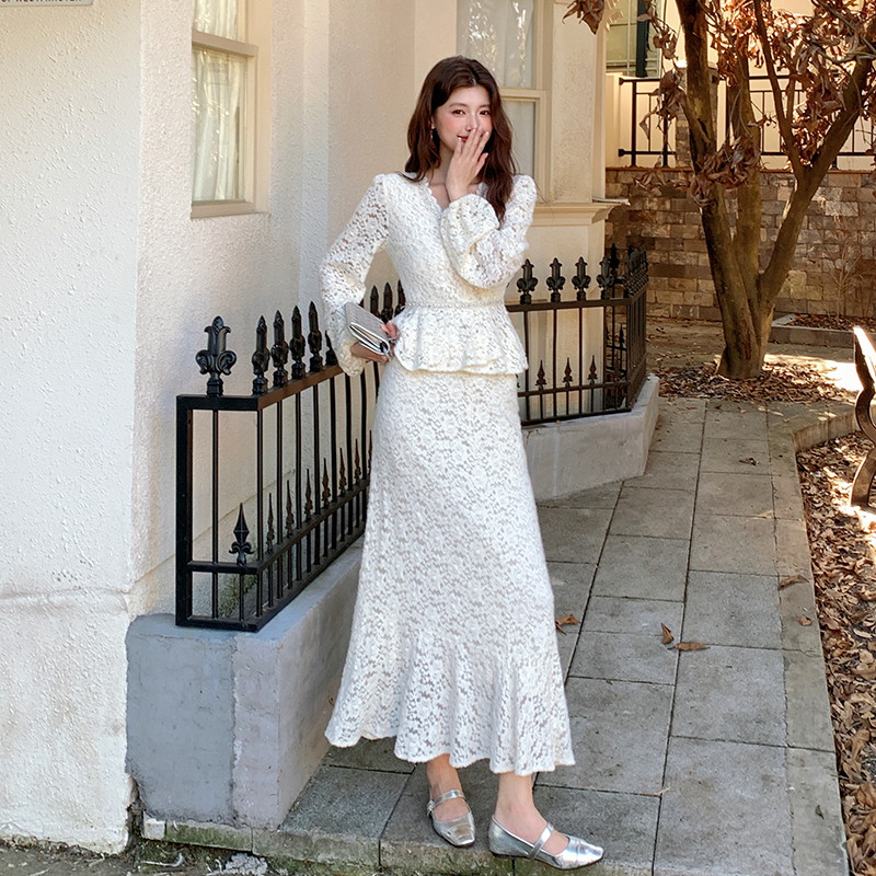 Rhinestone V-neck tops mermaid Korean style skirt a set