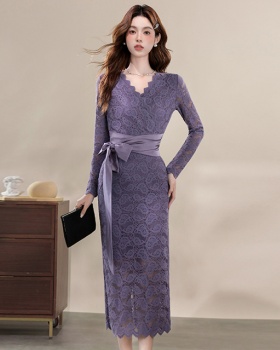 V-neck slim dress pinched waist bandage long dress