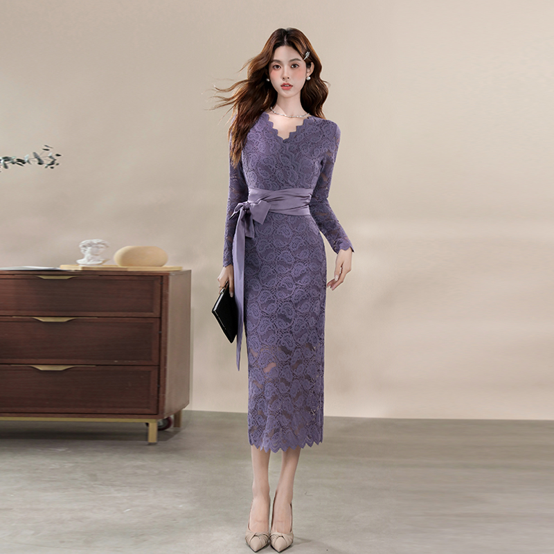 V-neck slim dress pinched waist bandage long dress