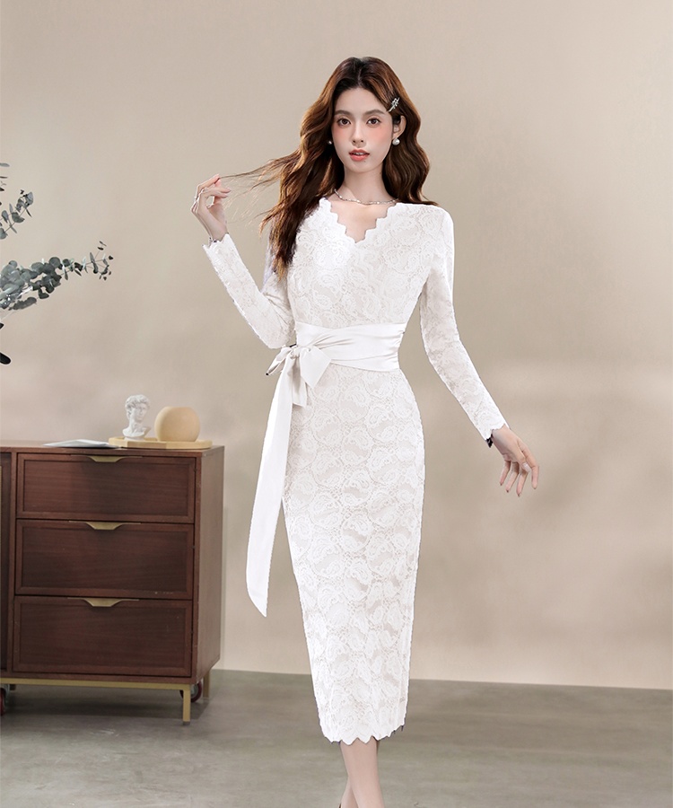 V-neck slim dress pinched waist bandage long dress