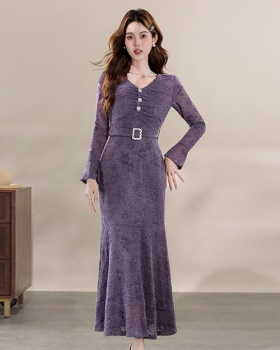 Lace mermaid temperament long dress V-neck slim France style dress