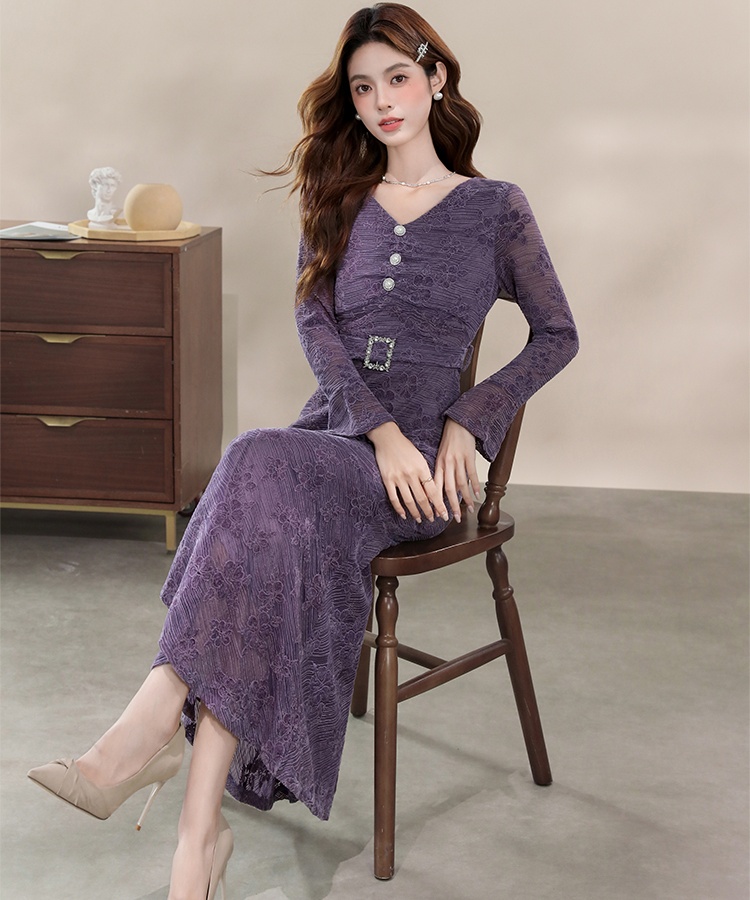 Lace mermaid temperament long dress V-neck slim France style dress