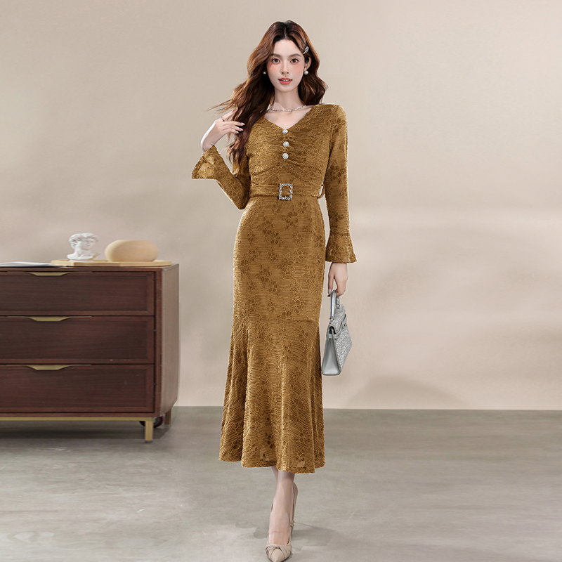 Lace mermaid temperament long dress V-neck slim France style dress