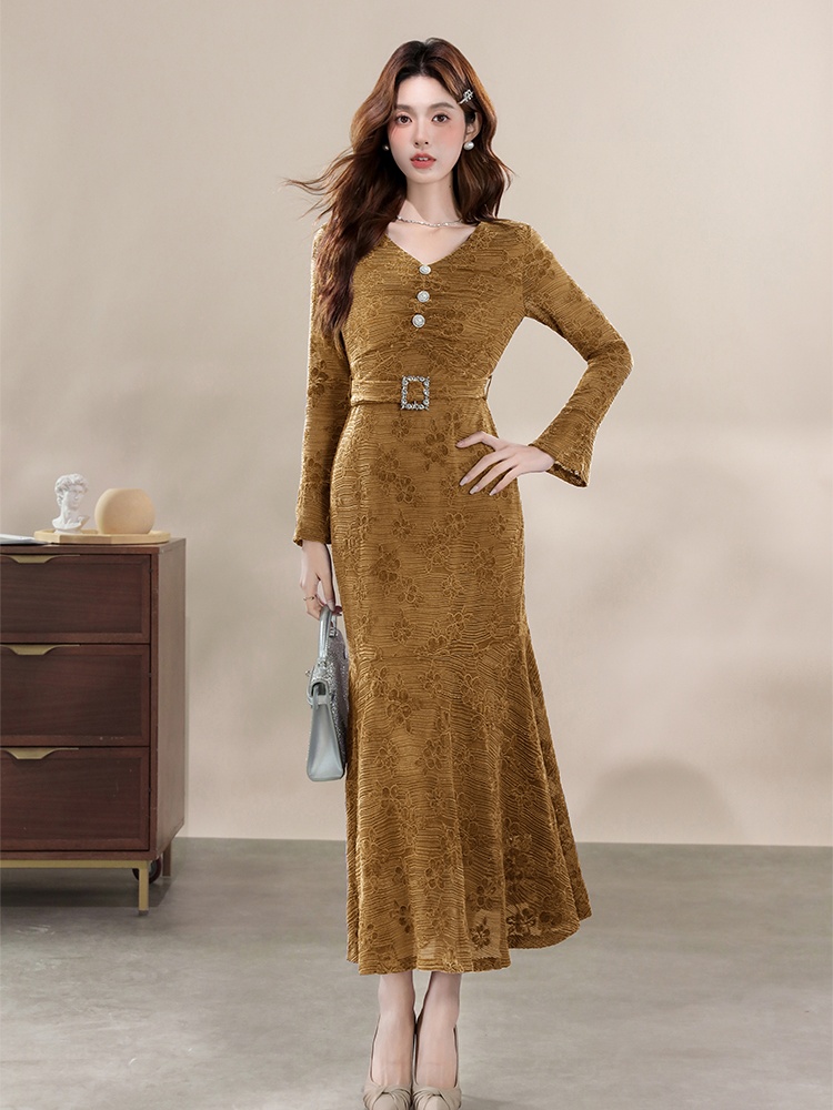 Lace mermaid temperament long dress V-neck slim France style dress