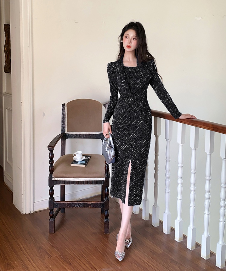 Fashion rhinestone slim pinched waist dress