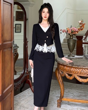 Temperament black tops chanelstyle ladies skirt 2pcs set