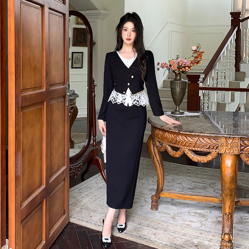 Temperament black tops chanelstyle ladies skirt 2pcs set