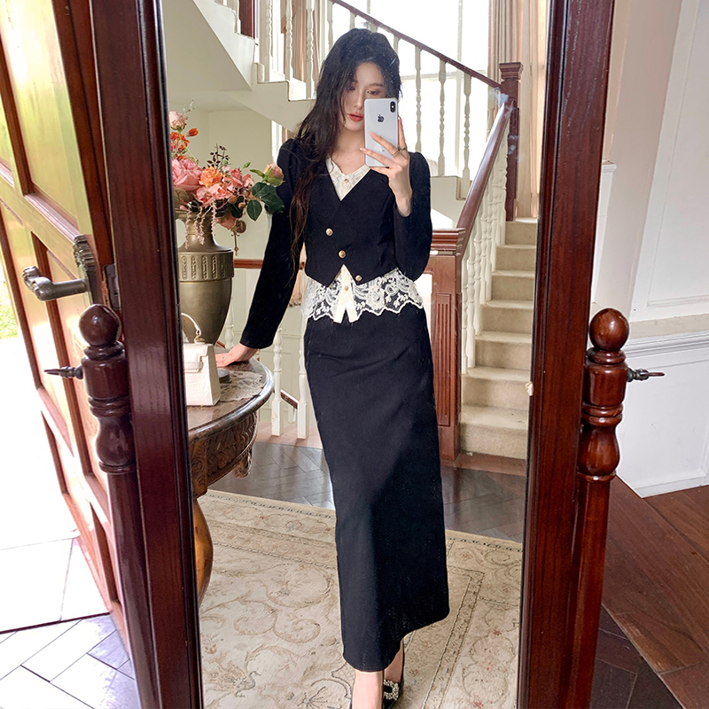 Temperament black tops chanelstyle ladies skirt 2pcs set