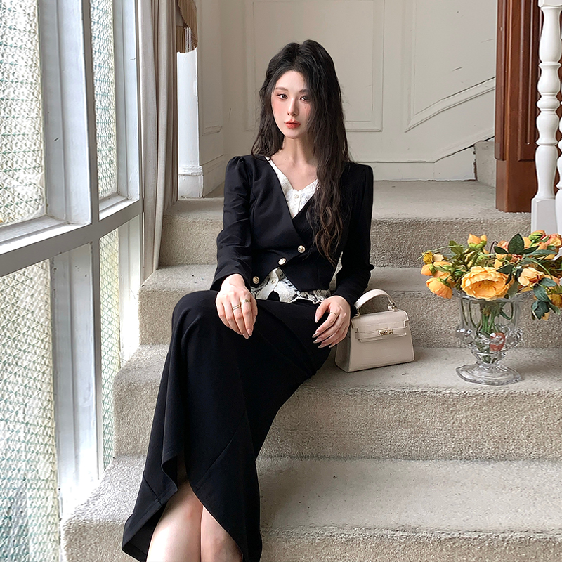 Temperament black tops chanelstyle ladies skirt 2pcs set