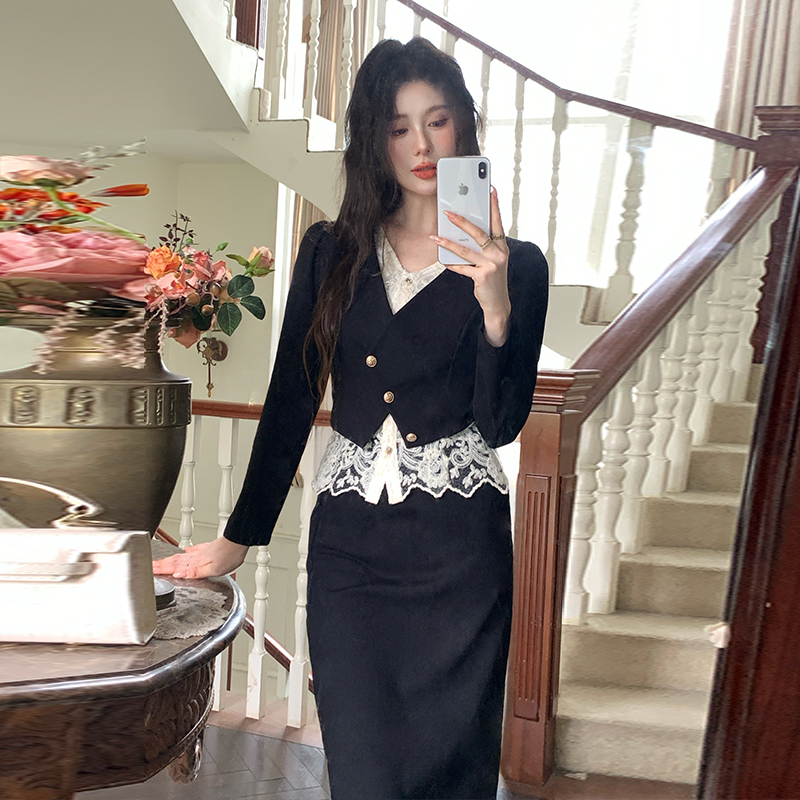 Temperament black tops chanelstyle ladies skirt 2pcs set