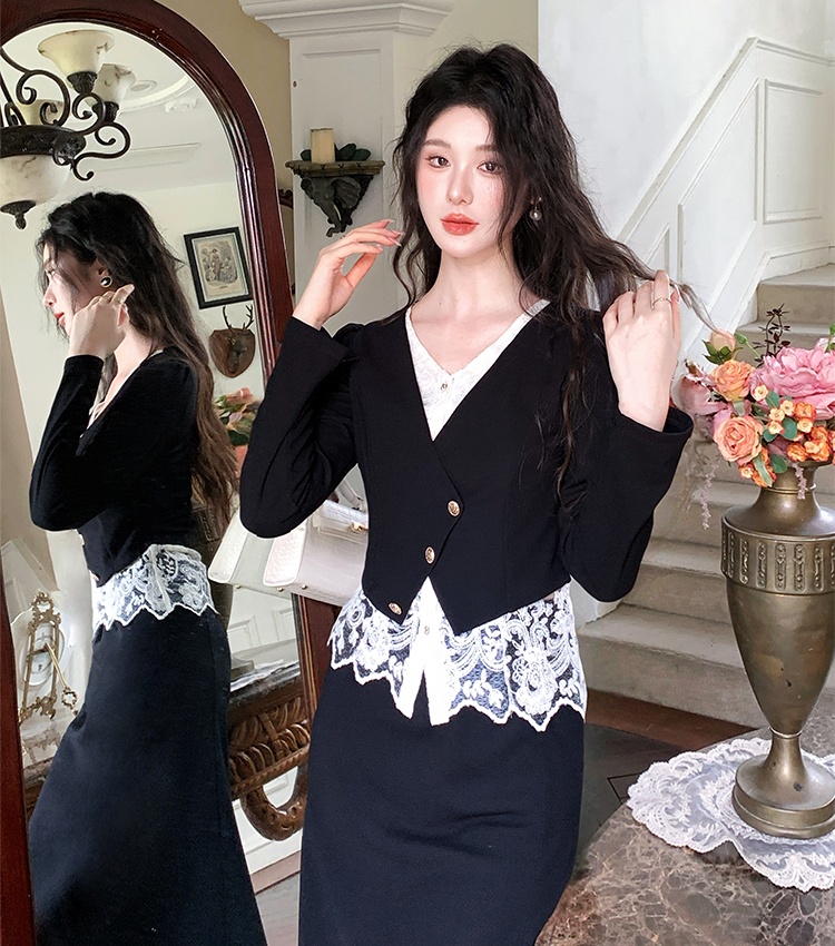 Temperament black tops chanelstyle ladies skirt 2pcs set