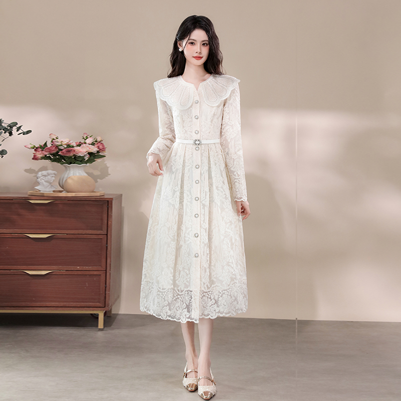 Pinched waist embroidery lace breasted dress