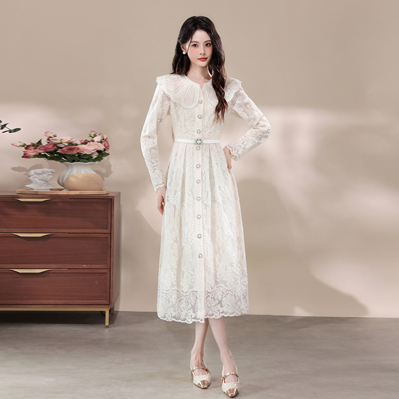 Pinched waist embroidery lace breasted dress