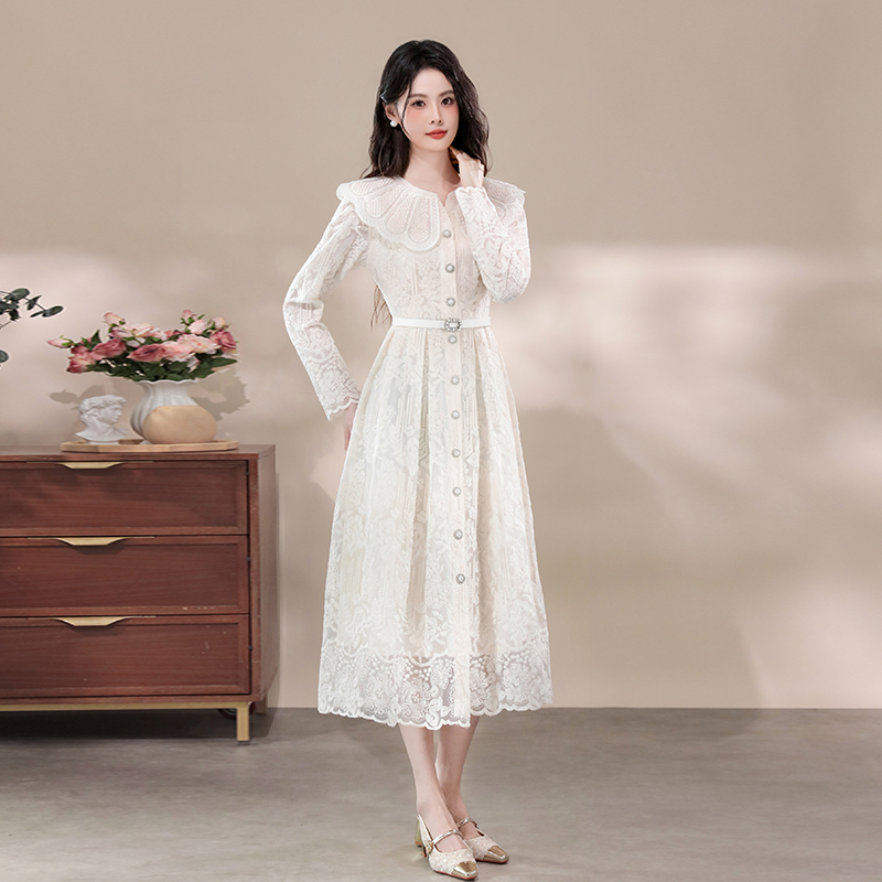 Pinched waist embroidery lace breasted dress