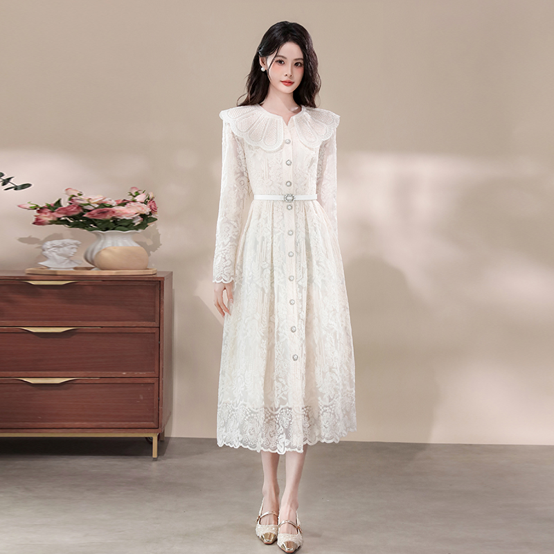 Pinched waist embroidery lace breasted dress