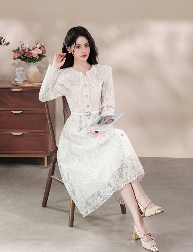 Pinched waist embroidery lace breasted dress