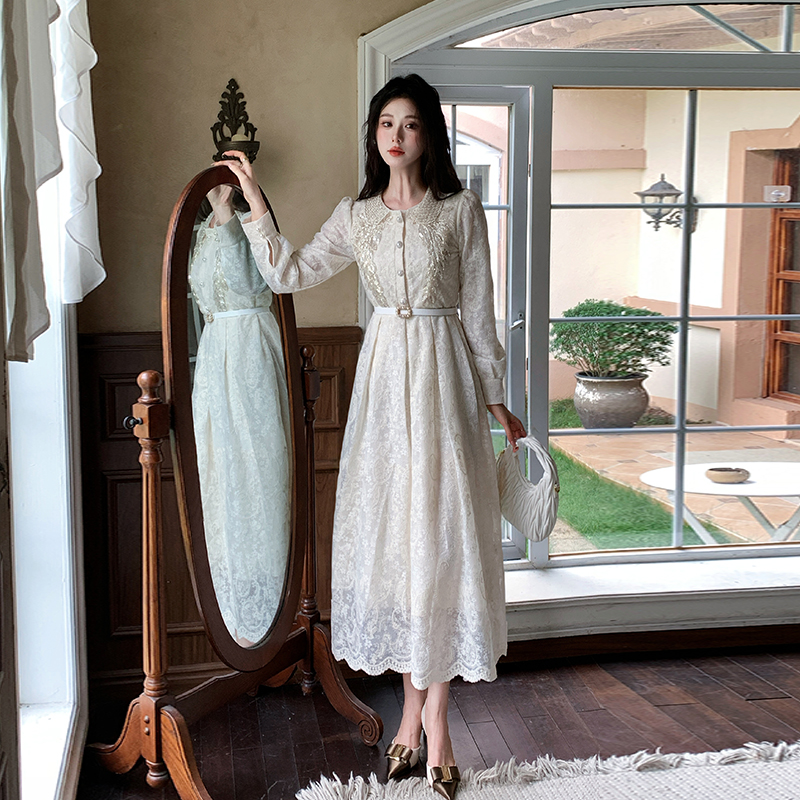 Beading long sleeve doll collar slim dress