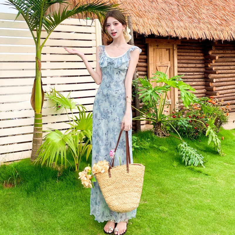 Floral France style lotus leaf edges dress for women