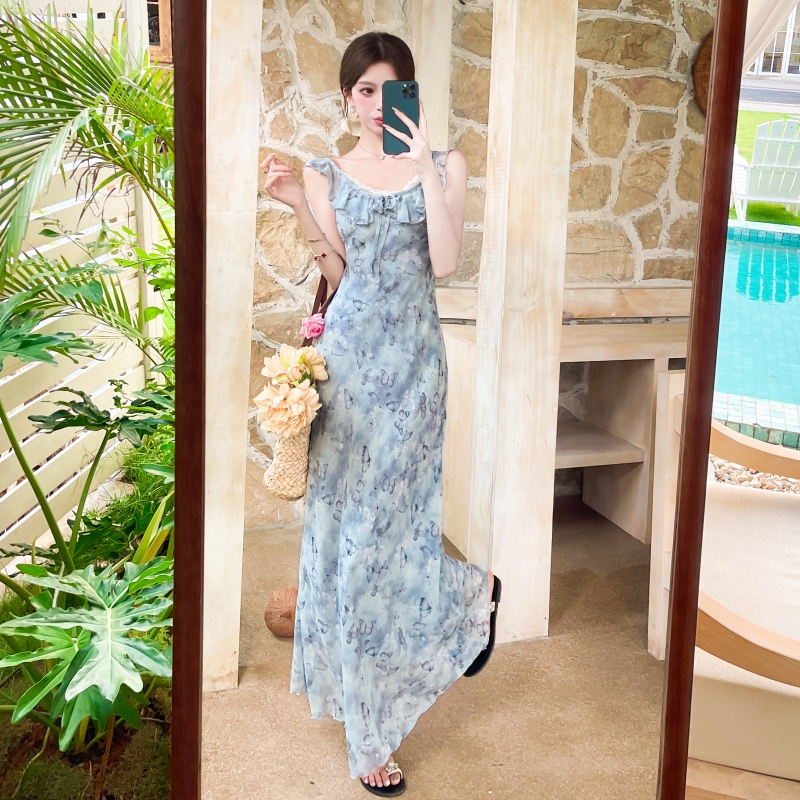 Floral France style lotus leaf edges dress for women