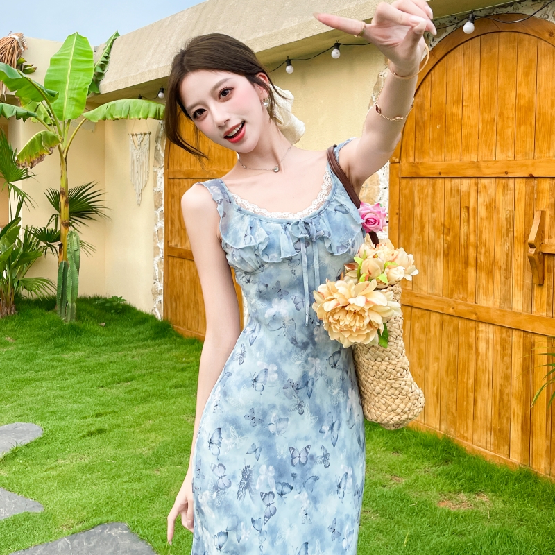 Floral France style lotus leaf edges dress for women