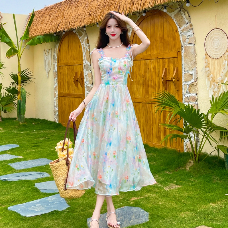 Butterfly painting France style long summer dress