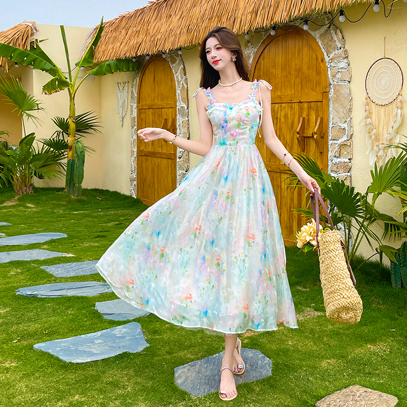 Butterfly painting France style long summer dress