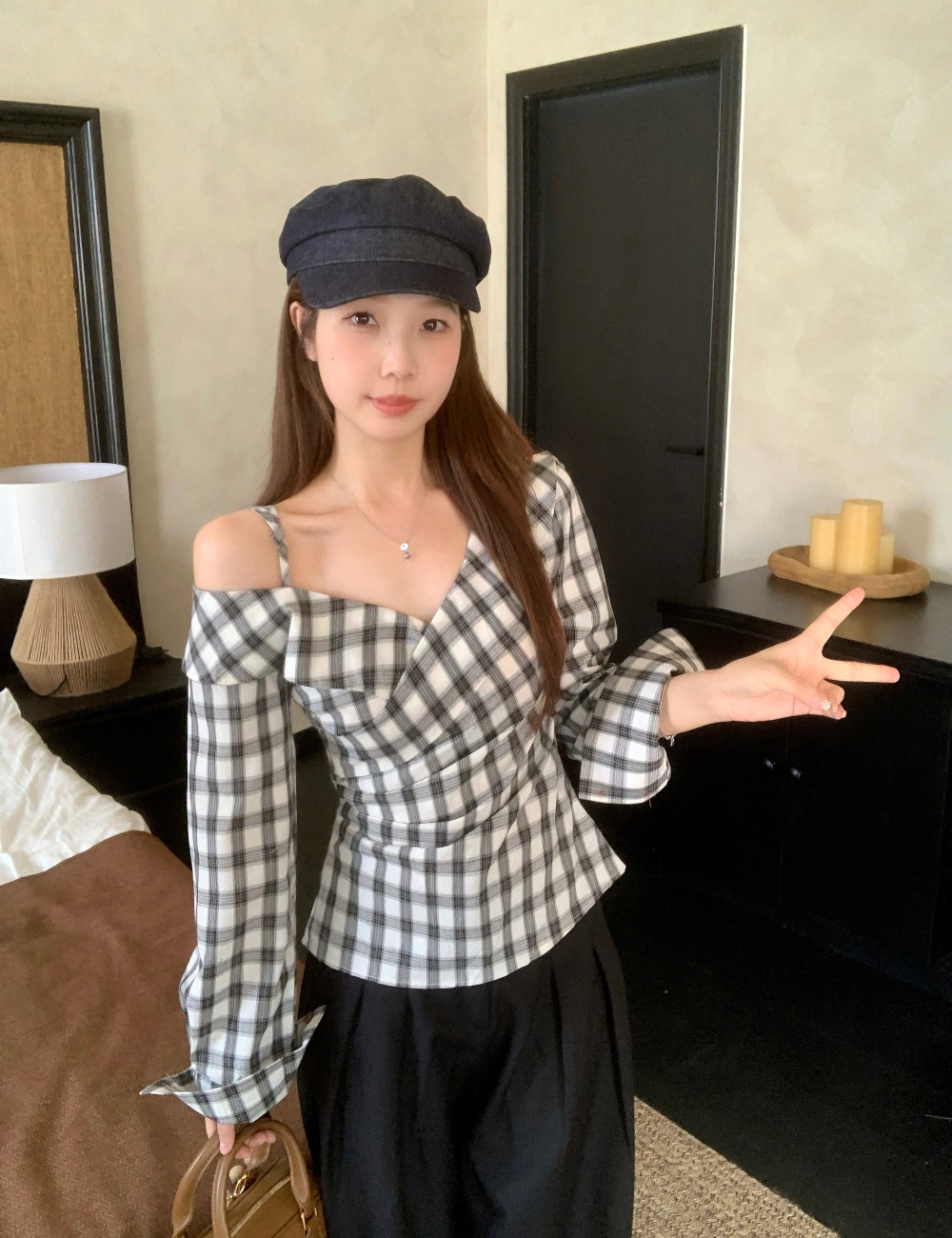 Retro long sleeve V-neck shirt niche fat tops