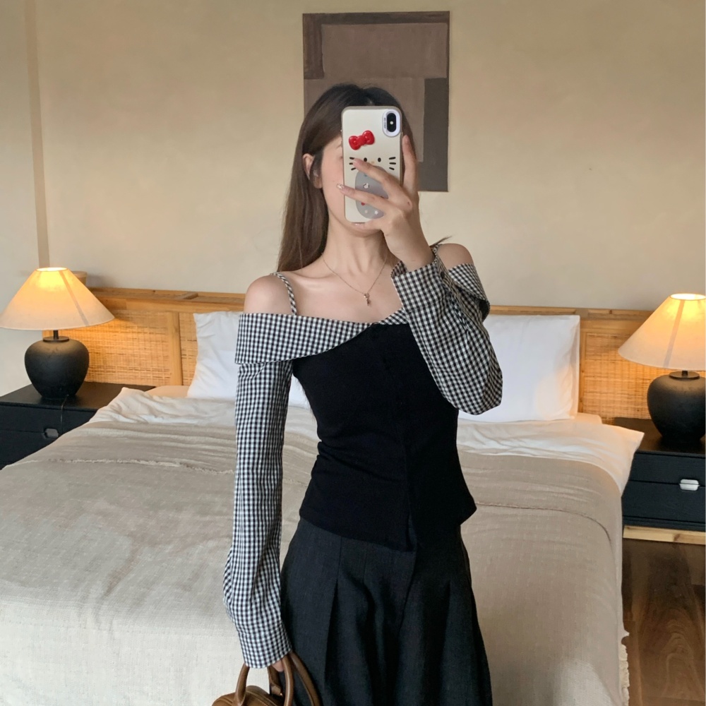 Large yard flat shoulder slim plaid spring fat tops