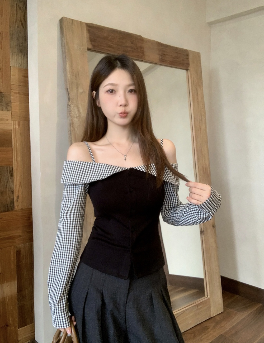 Large yard flat shoulder slim plaid spring fat tops