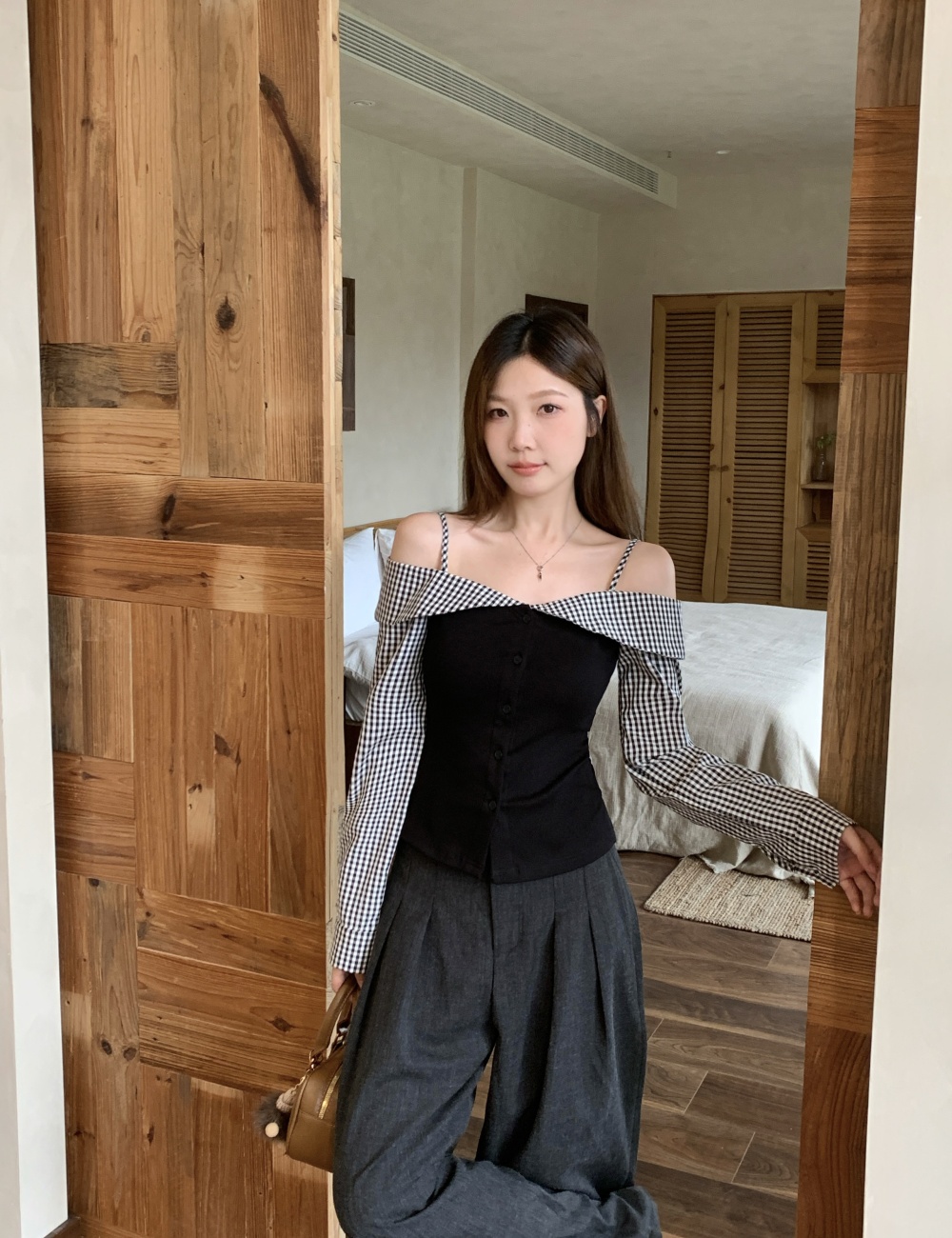 Large yard flat shoulder slim plaid spring fat tops