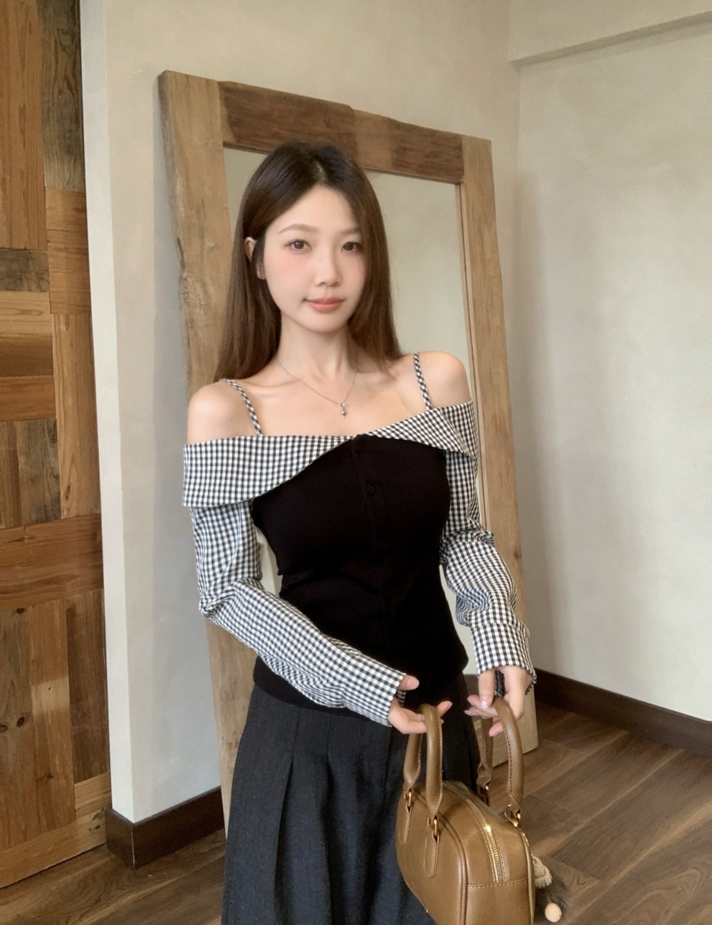 Large yard flat shoulder slim plaid spring fat tops