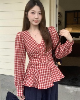 V-neck fat pinched waist shirt slim France style large yard tops