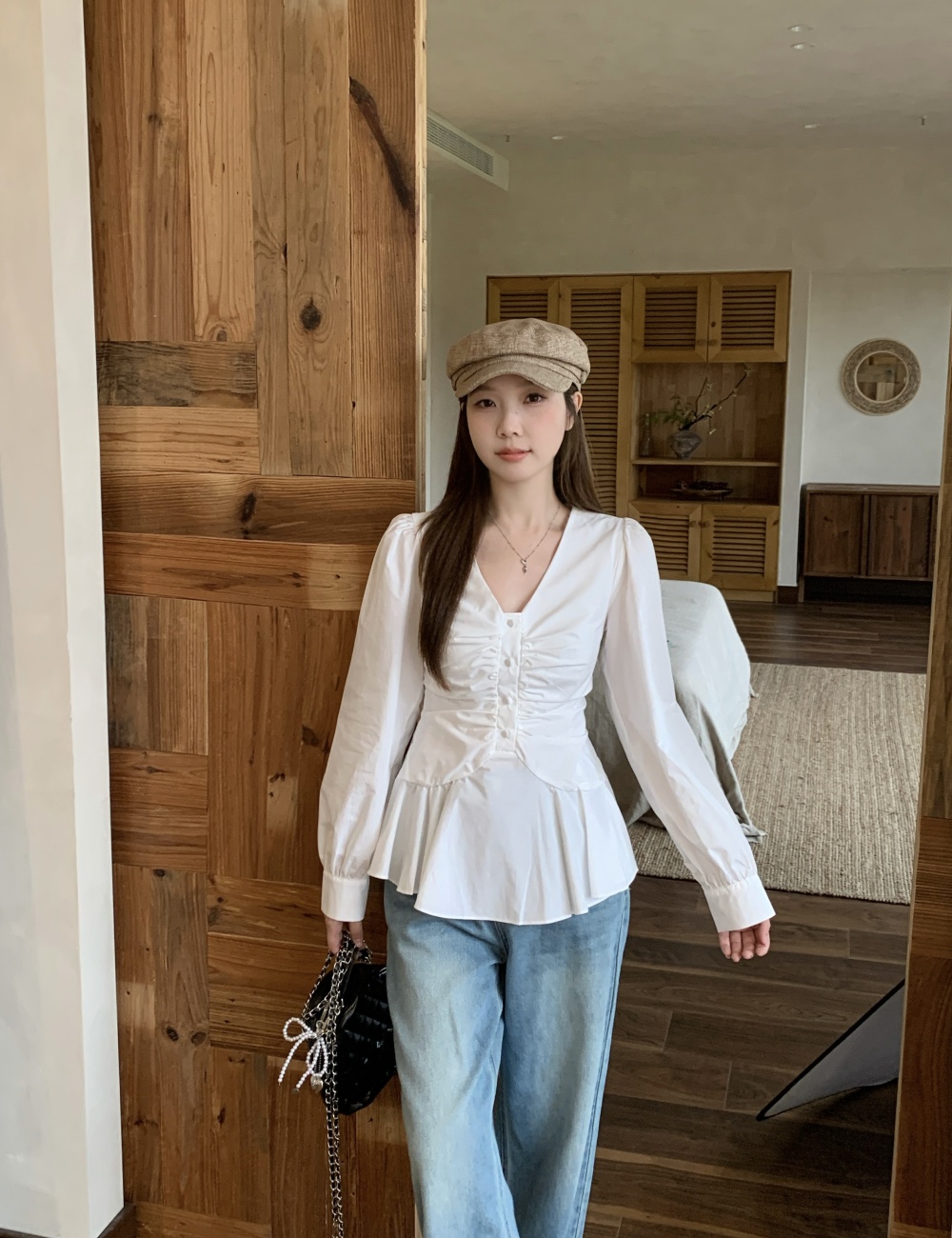 V-neck fat pinched waist shirt slim France style large yard tops