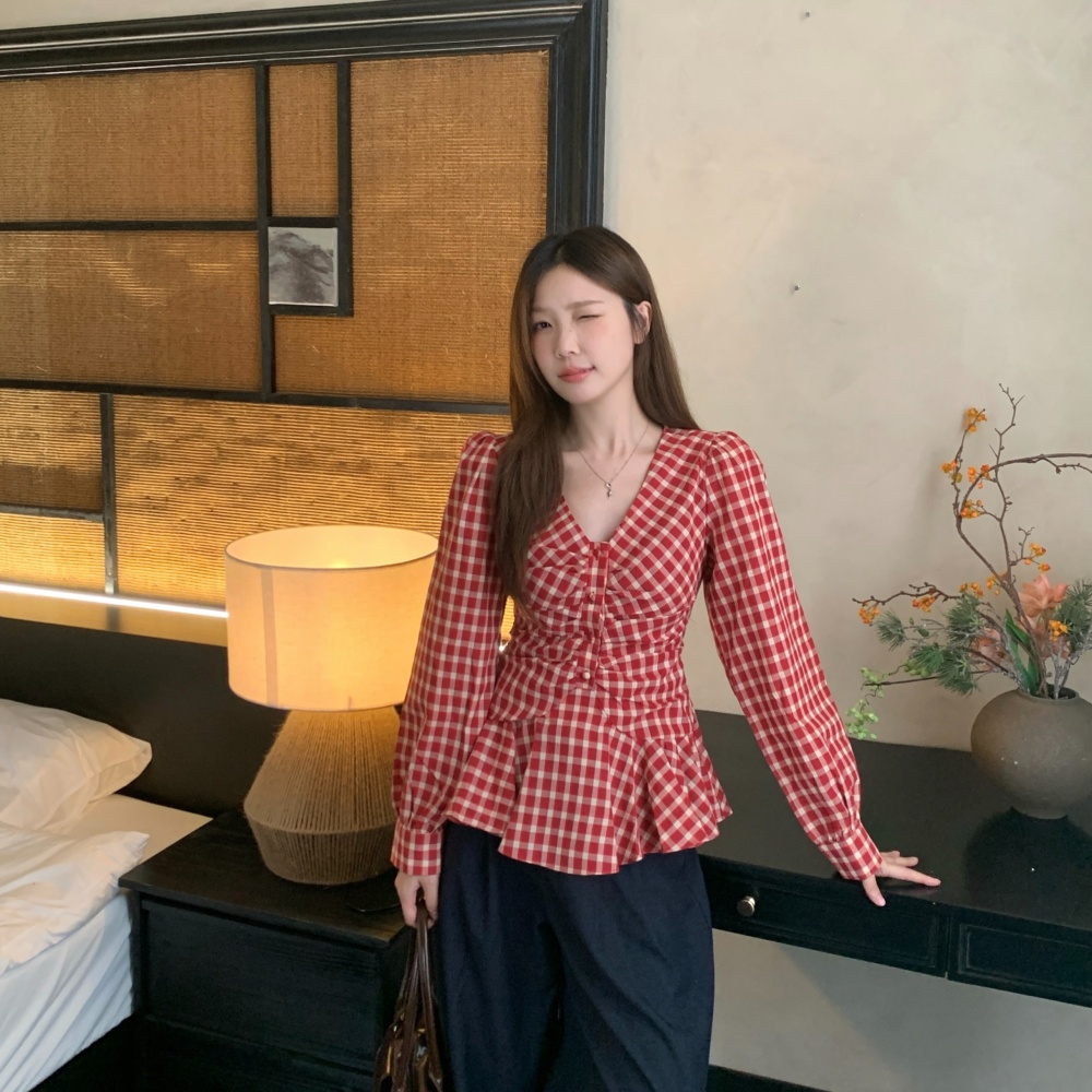 V-neck fat pinched waist shirt slim France style large yard tops