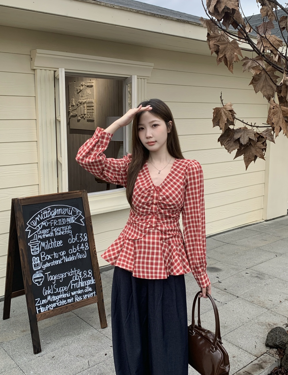 V-neck fat pinched waist shirt slim France style large yard tops