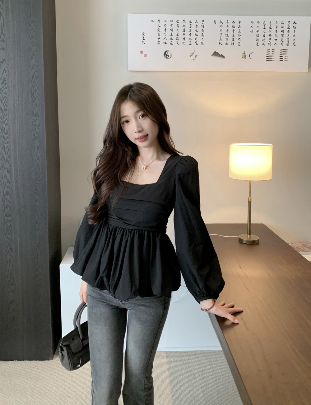 Square collar large yard shirt spring Cover belly tops