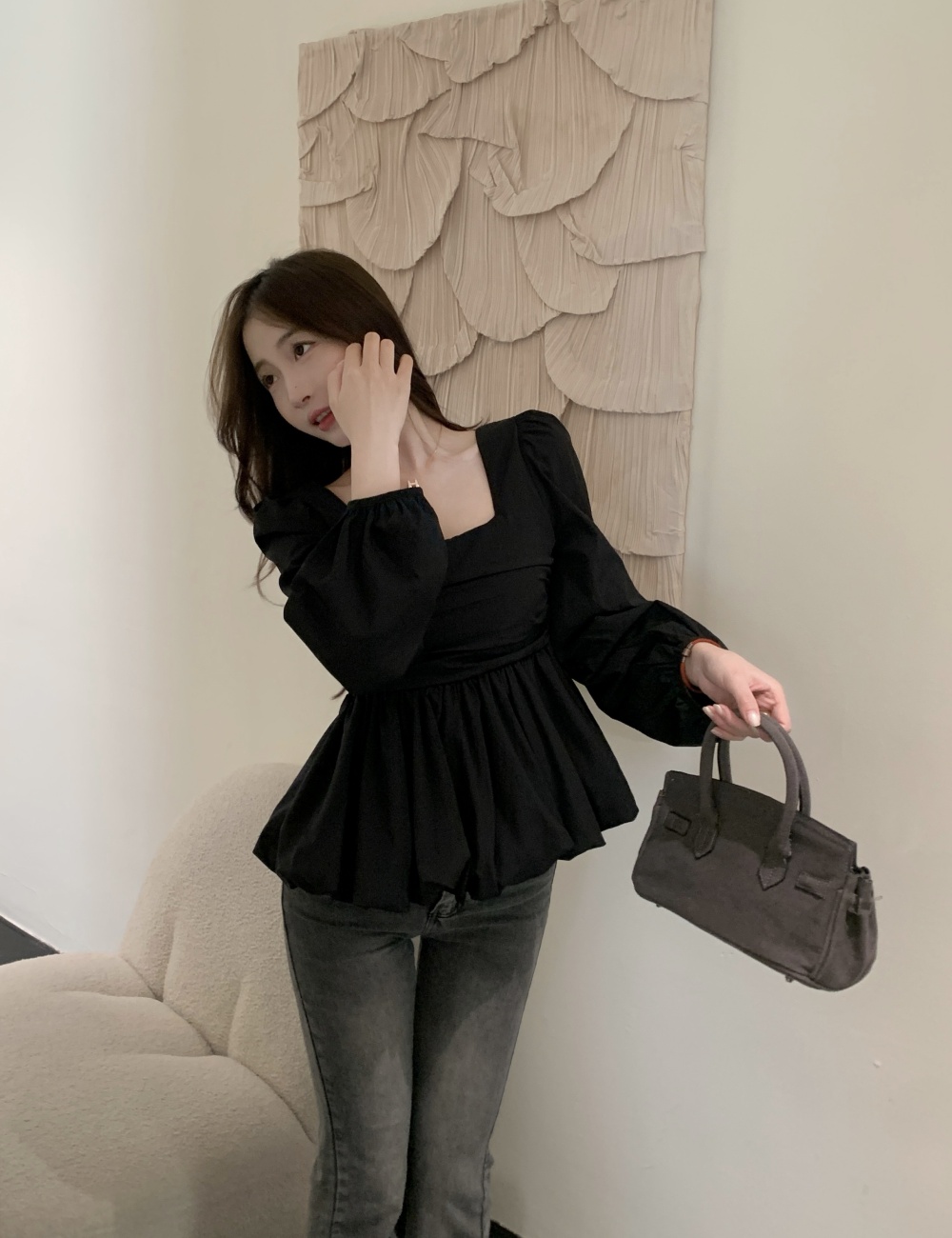 Square collar large yard shirt spring Cover belly tops