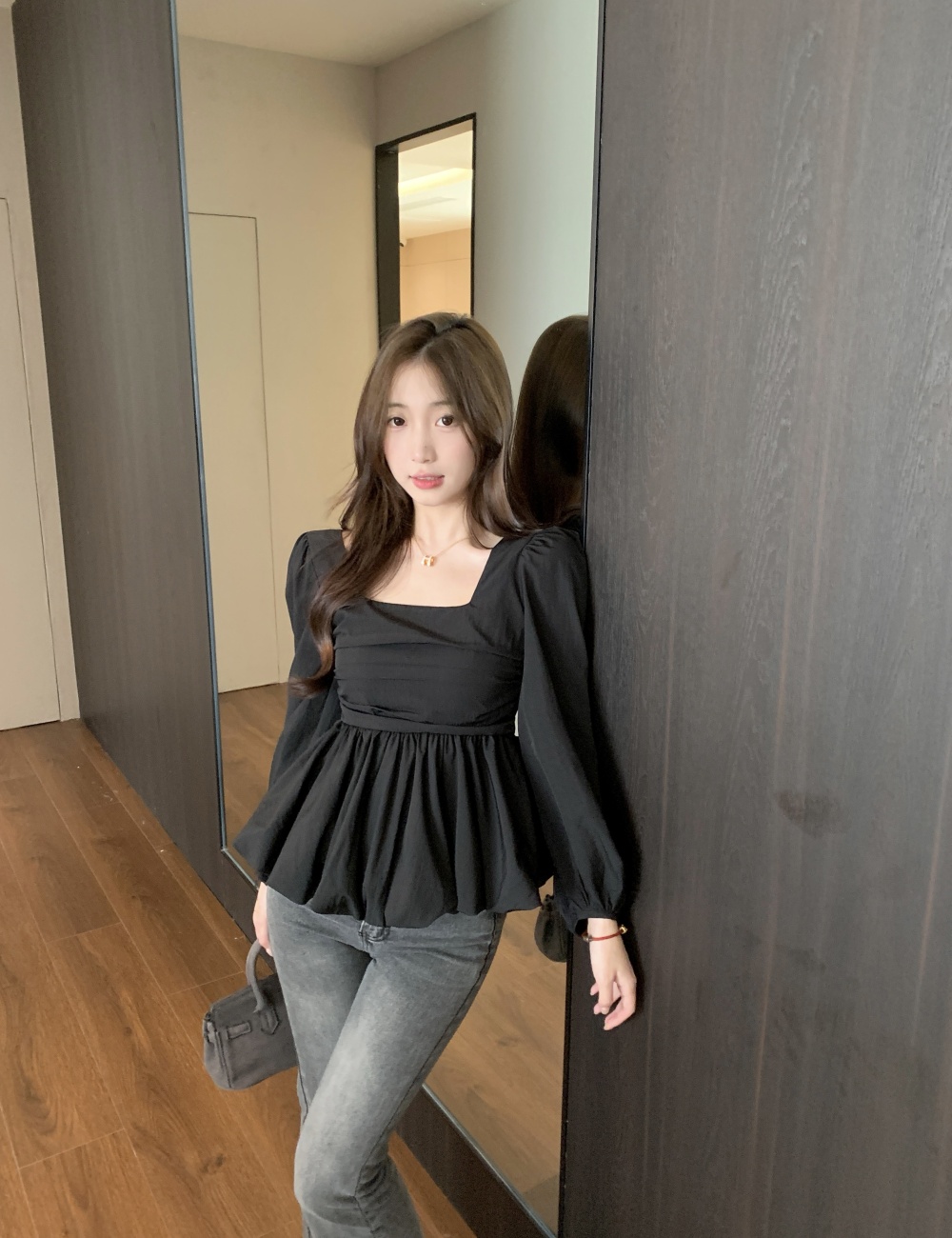 Square collar large yard shirt spring Cover belly tops