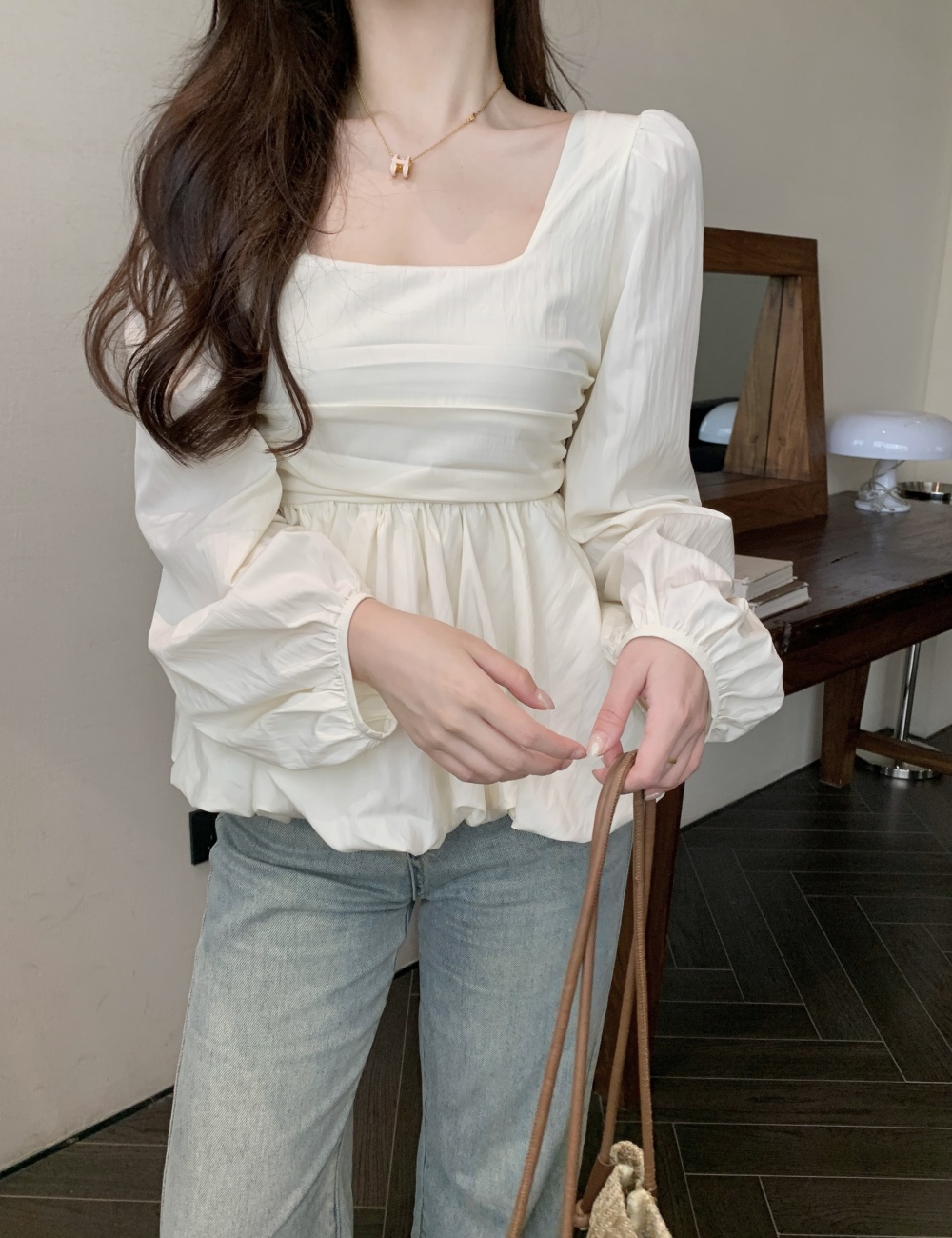 Square collar large yard shirt spring Cover belly tops