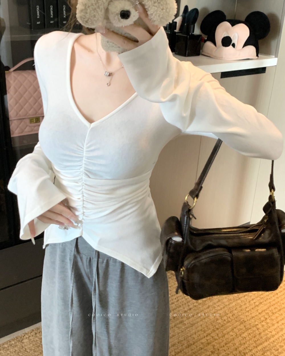 Fold spring T-shirt pinched waist fat bottoming shirt