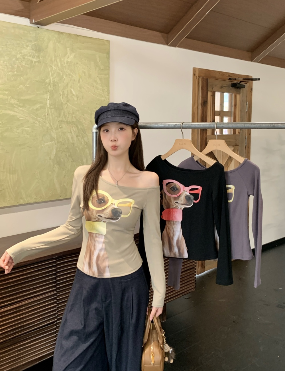 Oblique collar strapless T-shirt retro tops for women