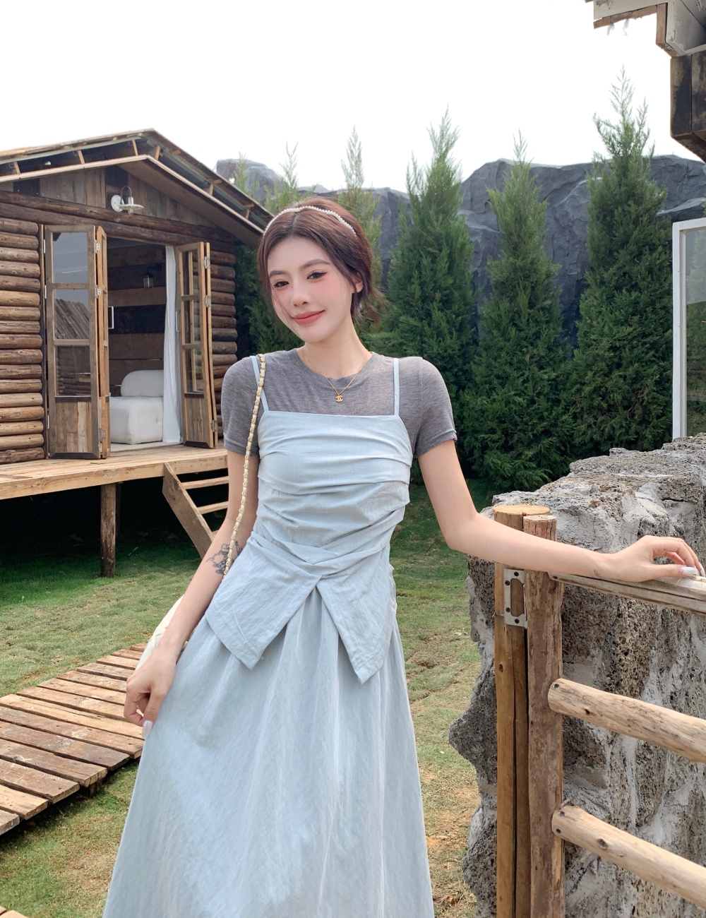 Large yard slim dress fold Korean style vest 2pcs set