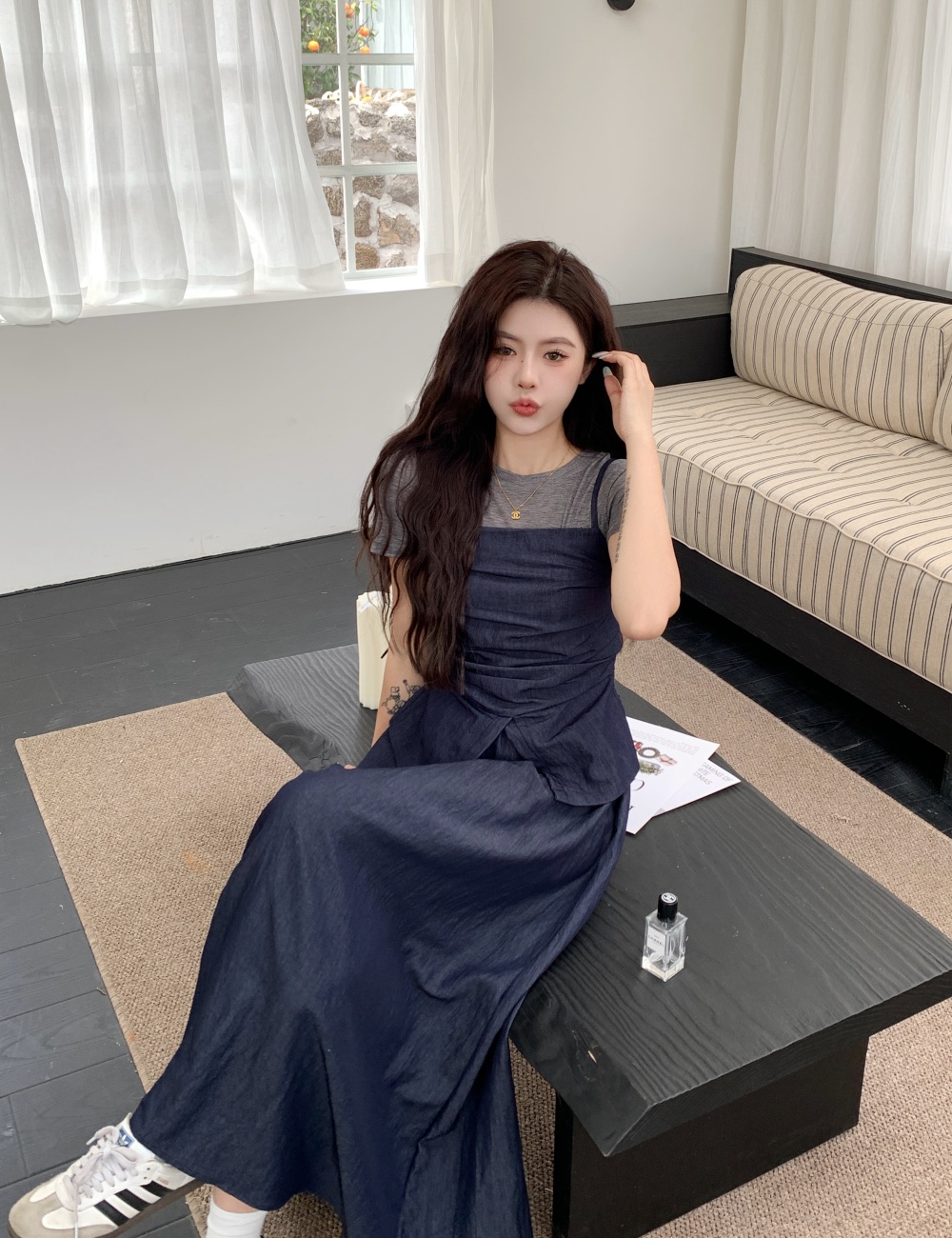 Large yard slim dress fold Korean style vest 2pcs set