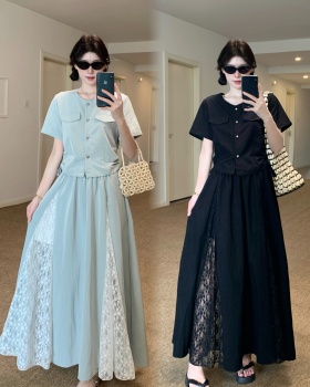 Korean style slim skirt drawstring splice tops a set