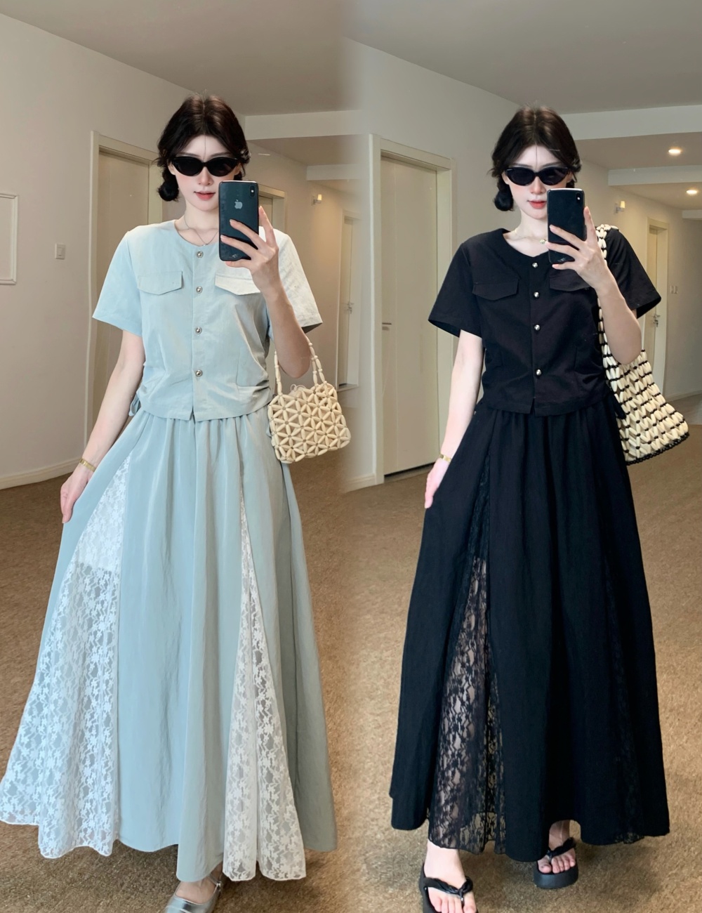 Korean style slim skirt drawstring splice tops a set