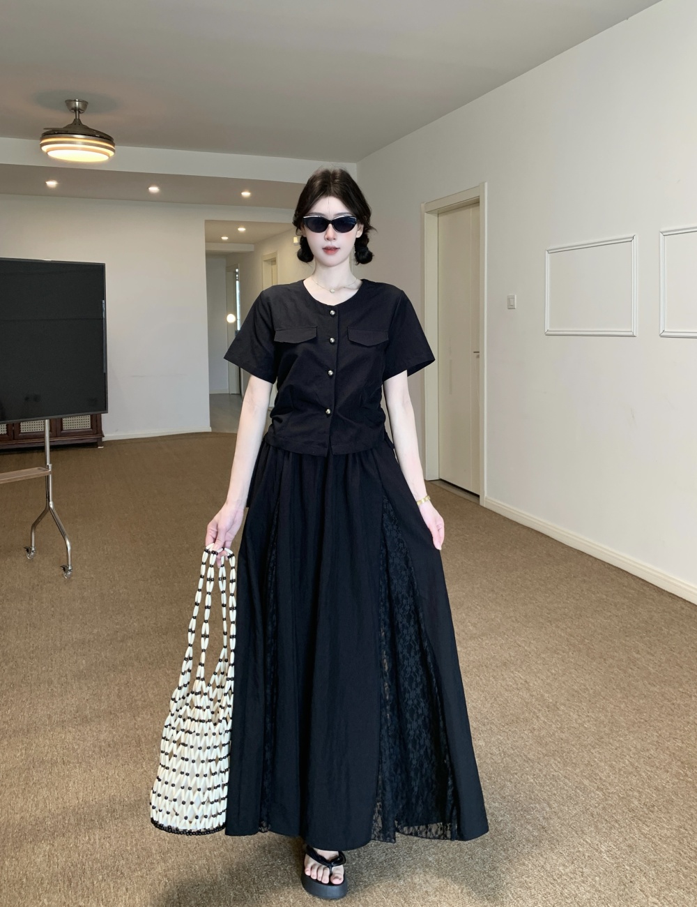 Korean style slim skirt drawstring splice tops a set