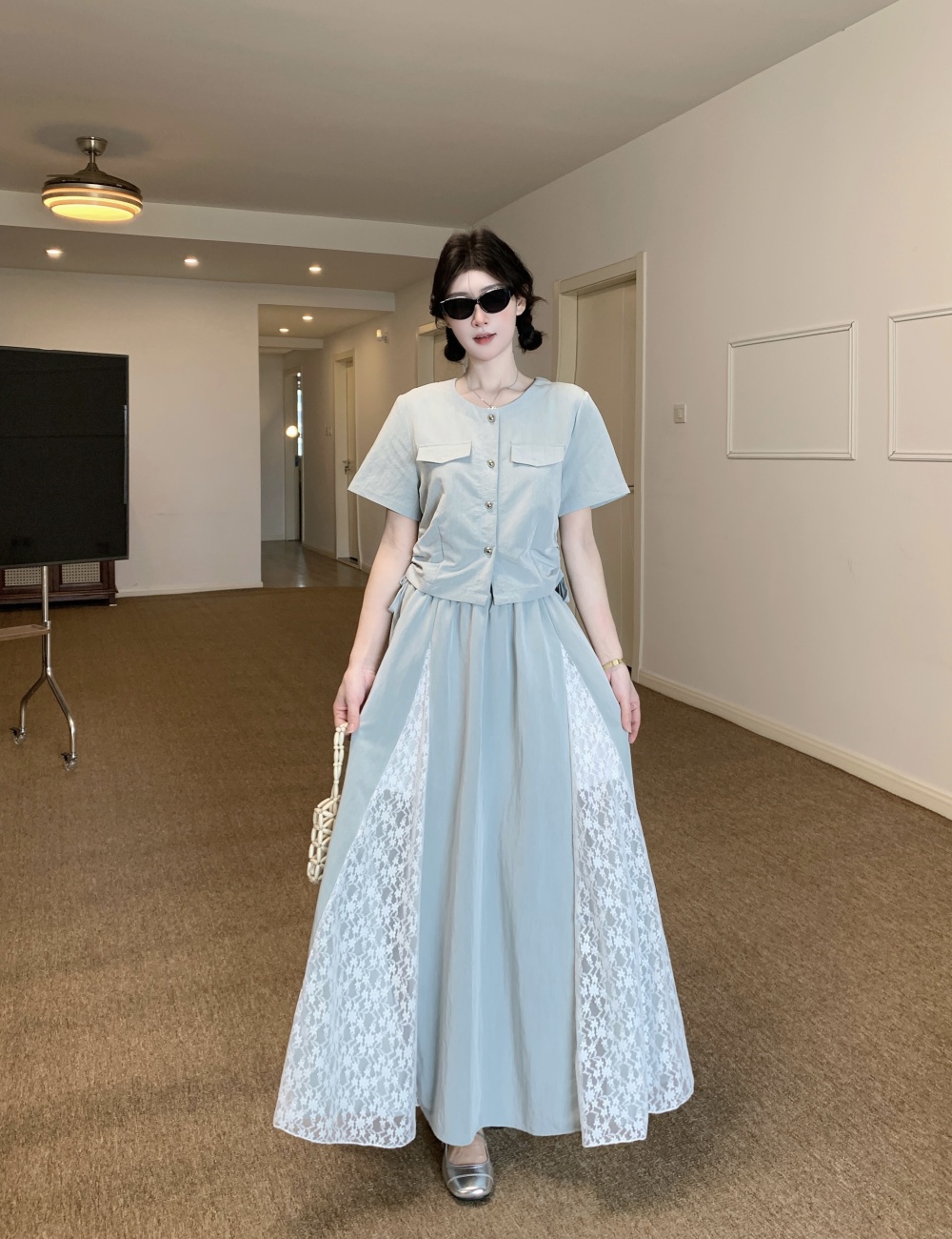 Korean style slim skirt drawstring splice tops a set