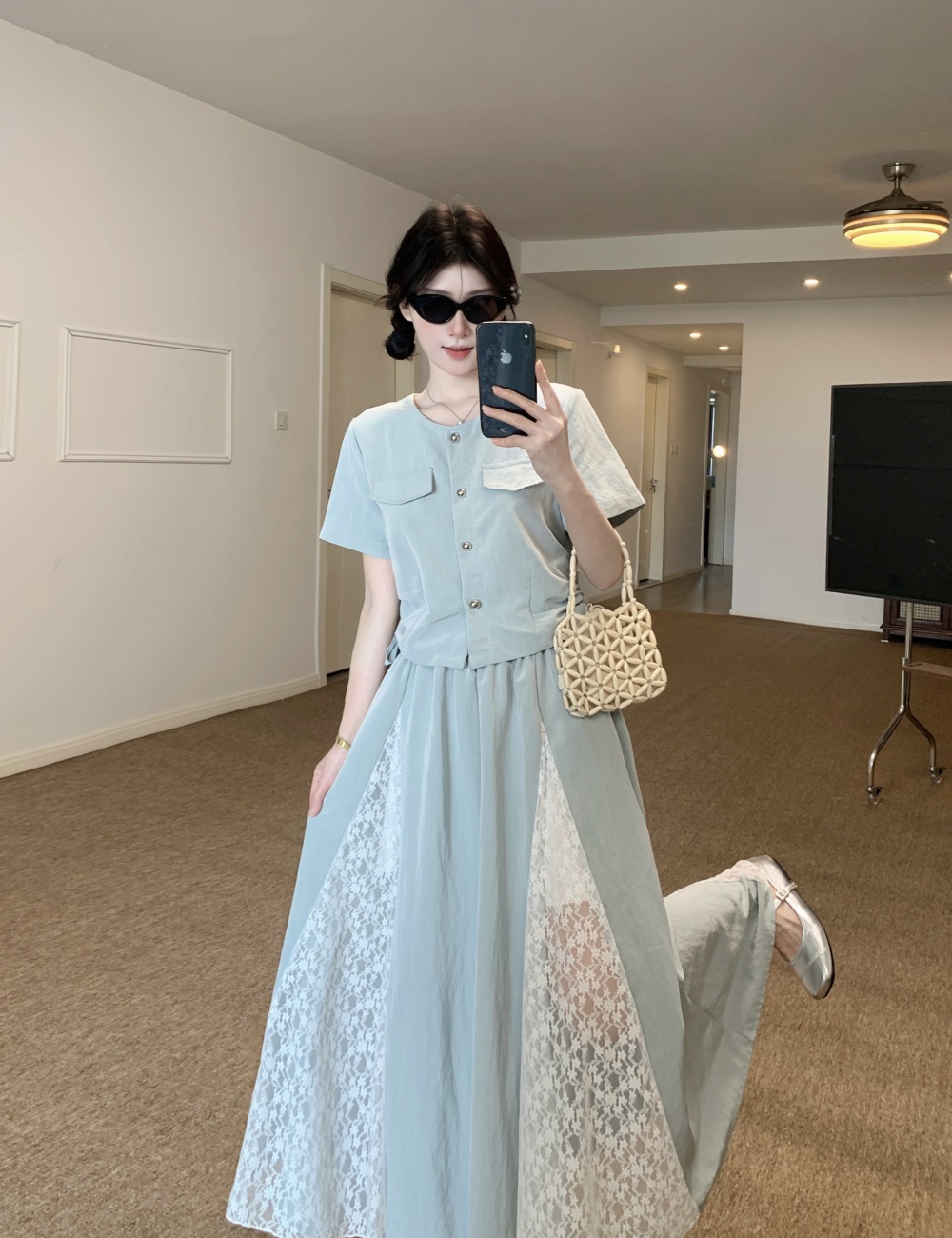 Korean style slim skirt drawstring splice tops a set