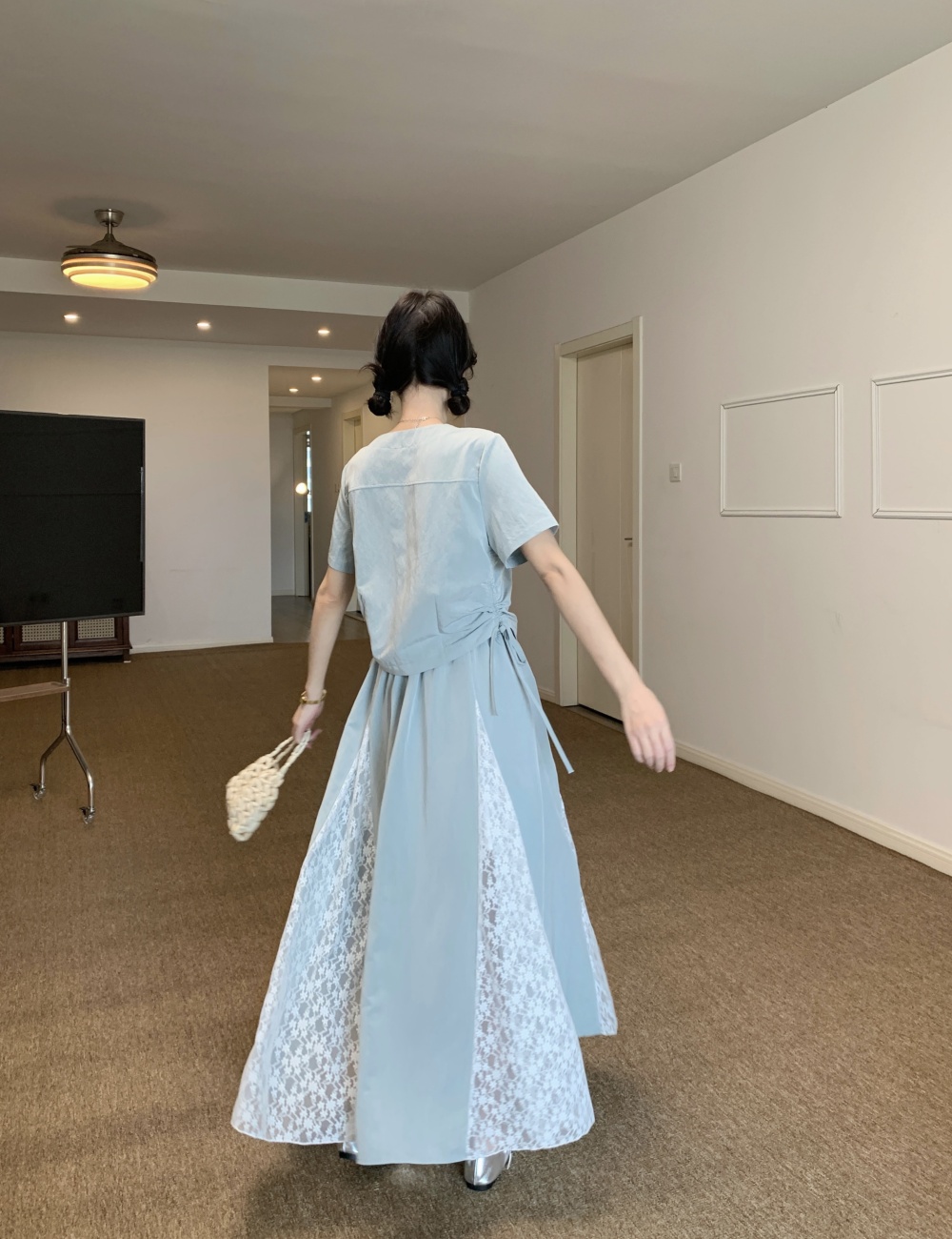 Korean style slim skirt drawstring splice tops a set