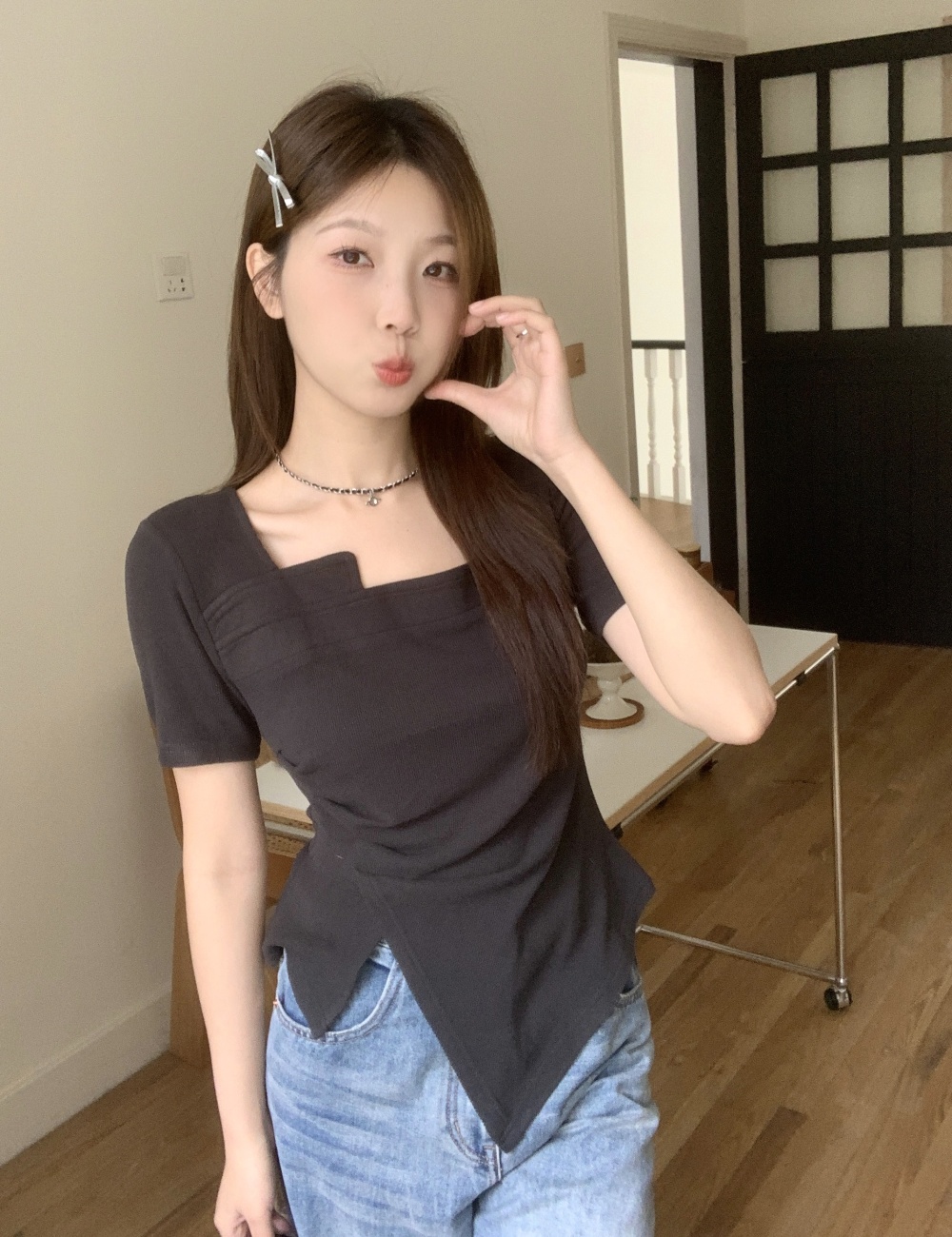 Slim large yard fold T-shirt irregular short sleeve summer tops